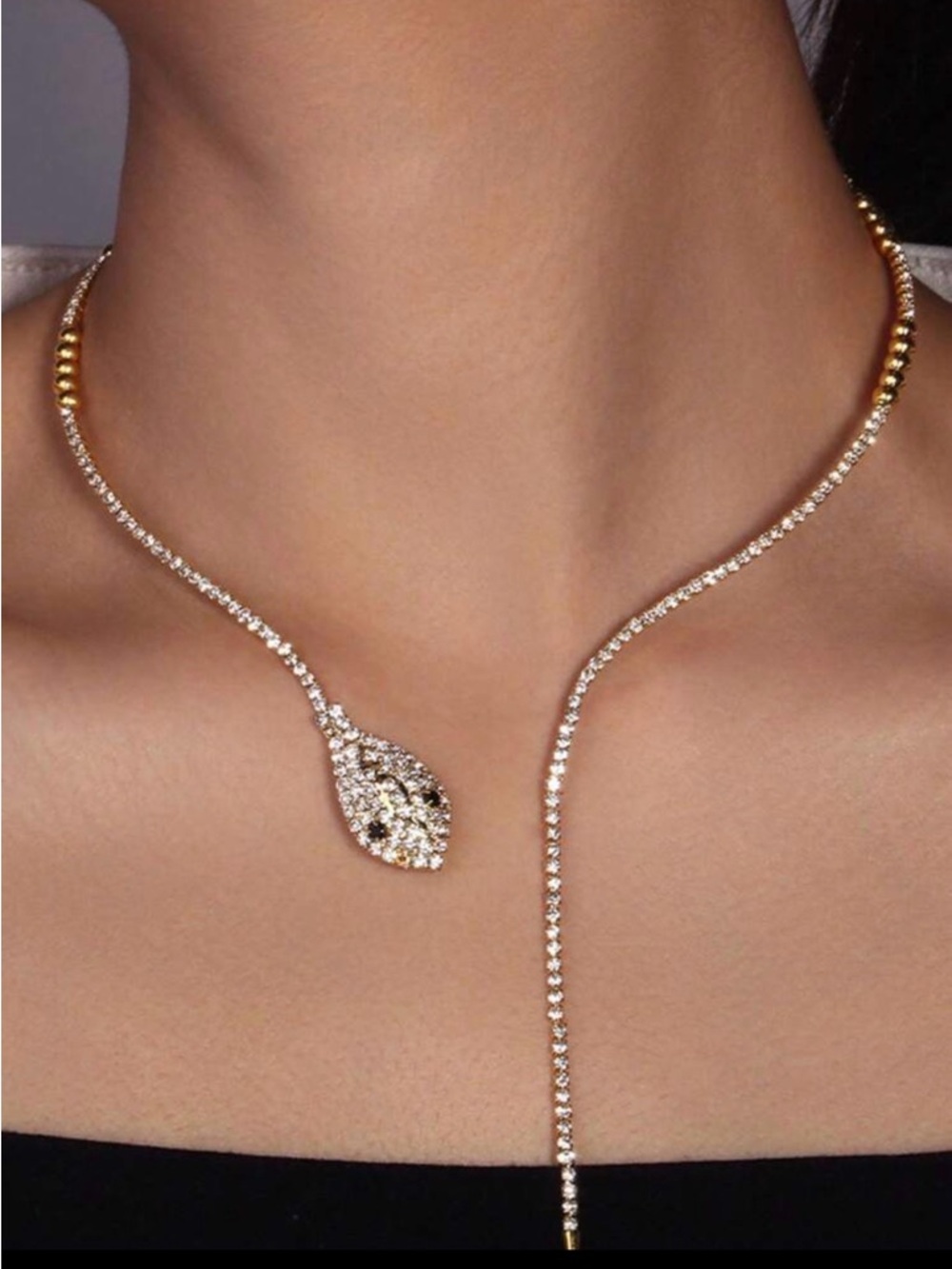 Gold and Crystal Snake Pendant Lariat Necklace